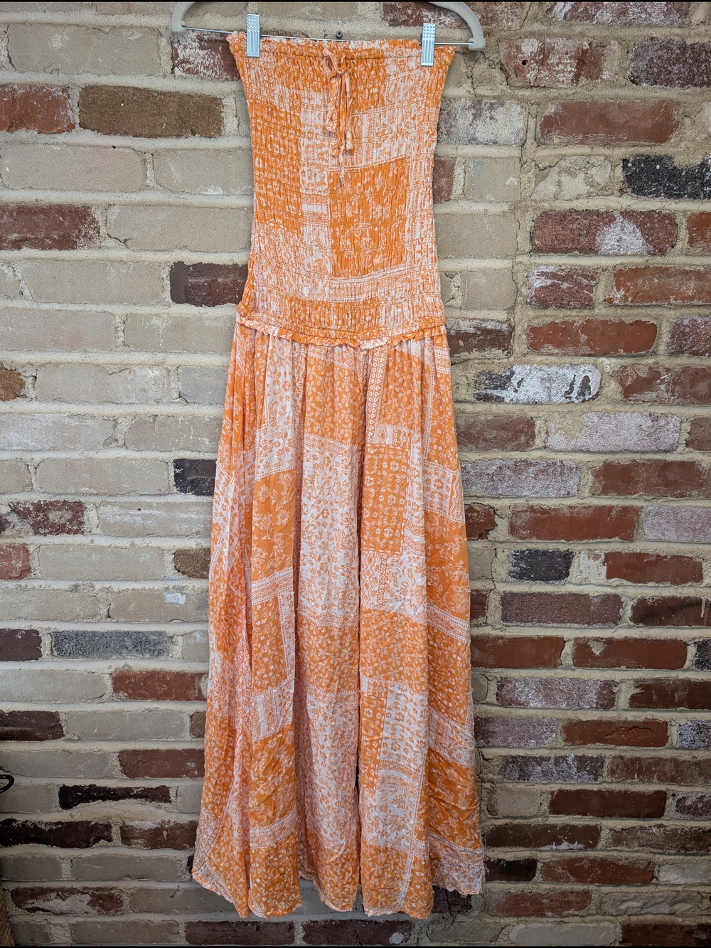 Strapless Orange Patchwork Maxi Dress with Smocked Bodice